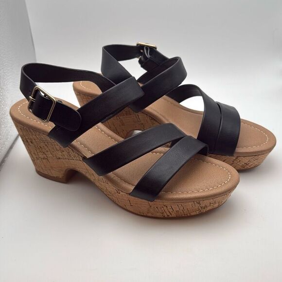 CUSHIONAIRE Women's Russ cork wedge sandal +Memory Foam SIZE 8 BLACK PREOWNED - Picture 1 of 7
